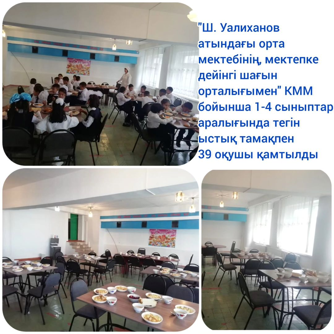 «Ш. Уалиханов атындағы орта мектебінің, мектепке дейінгі шағын орталығымен» КММ  1-4 сыныптар аралығында тегін ыстық тамақпен 39 оқушы қамтылды.
